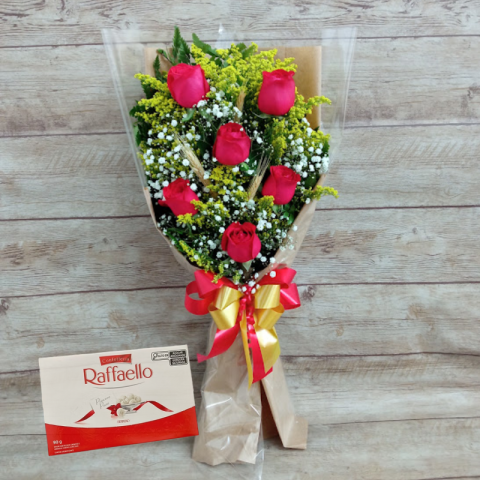 Buquê com 6 Rosas no Papel Kraft + Chocolate Raffaello